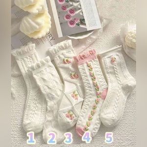 5 Pink & White Mixed Mid-calf Socks | Embroidered, Ruffles, Trendy, Sporty | NWT